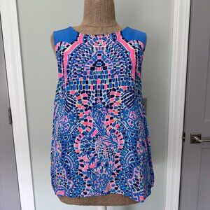 LILLY PULITZER | Blue & Pink Mosaic Printed Silk Tank, Size XL